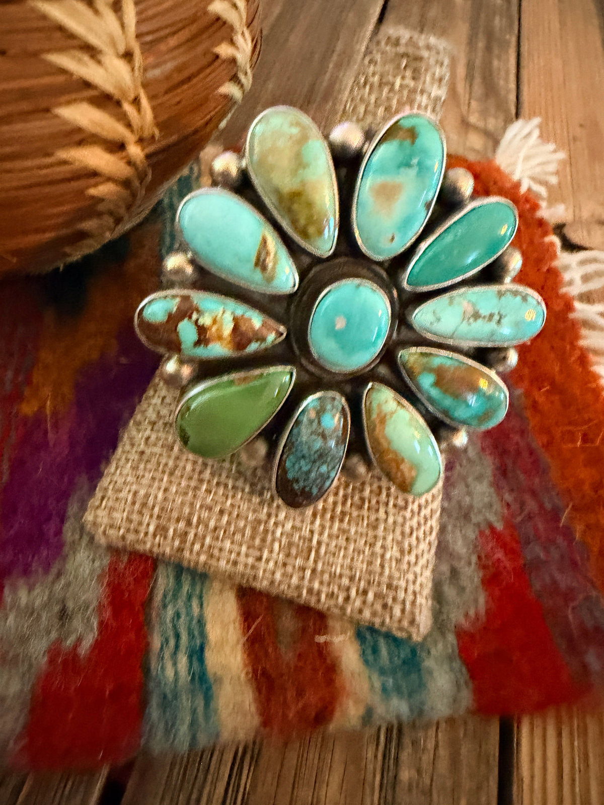 Handcrafted Multi Turquoise & Sterling Silver Cluster Ring Size 9 by Kathleen Livingston