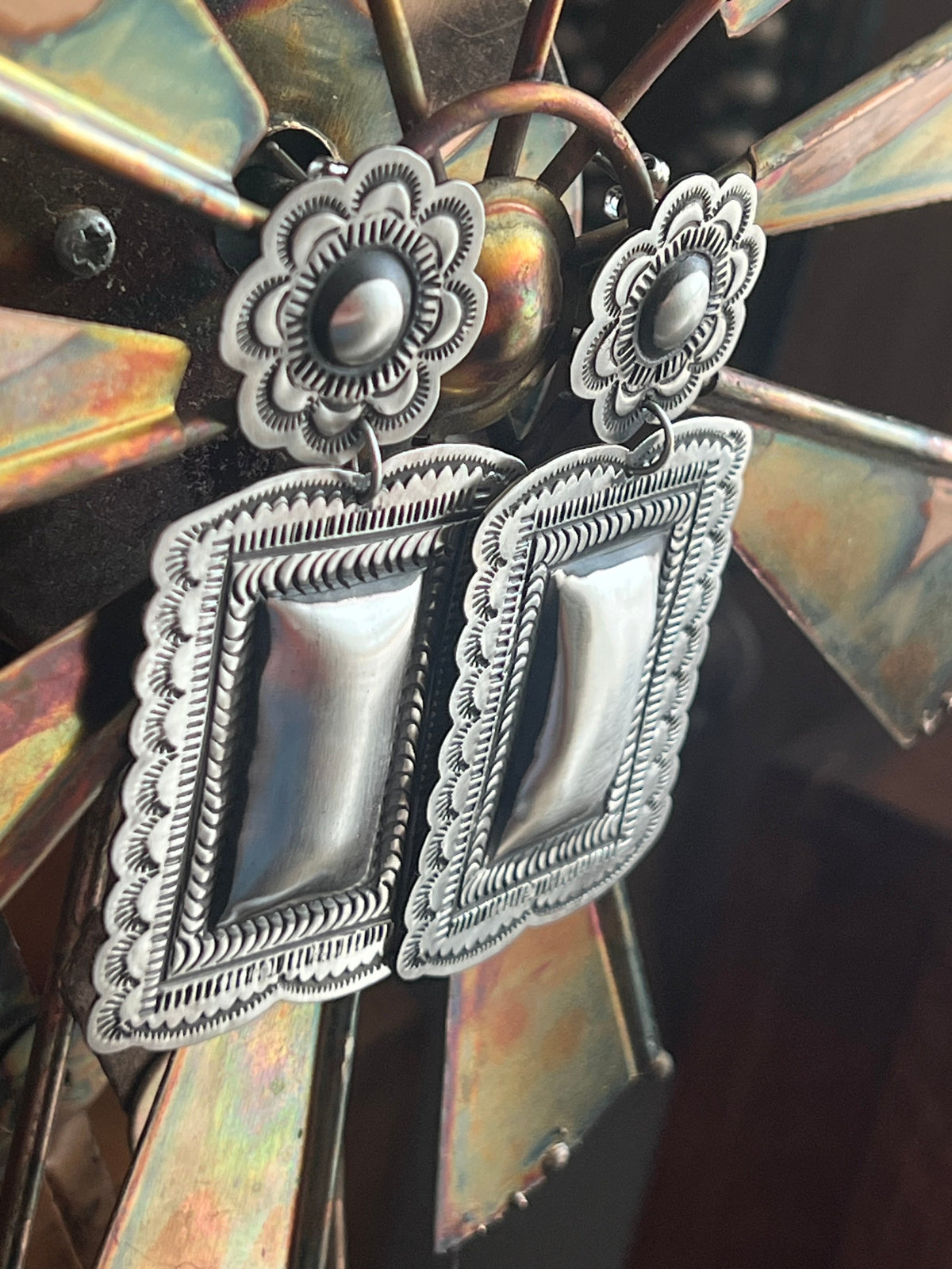 Handcrafted Sterling Silver Stamped Repousse Rectangle Earrings by Leander Tahe, R2