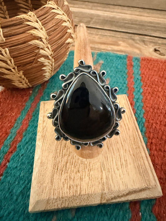 Handcrafted Black Onyx & Sterling Silver Ring Size 6.25