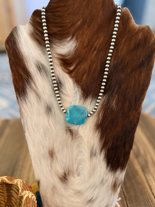 Handcrafted Kingman Turquoise & Sterling Silver Pearl 18” Beaded Necklace