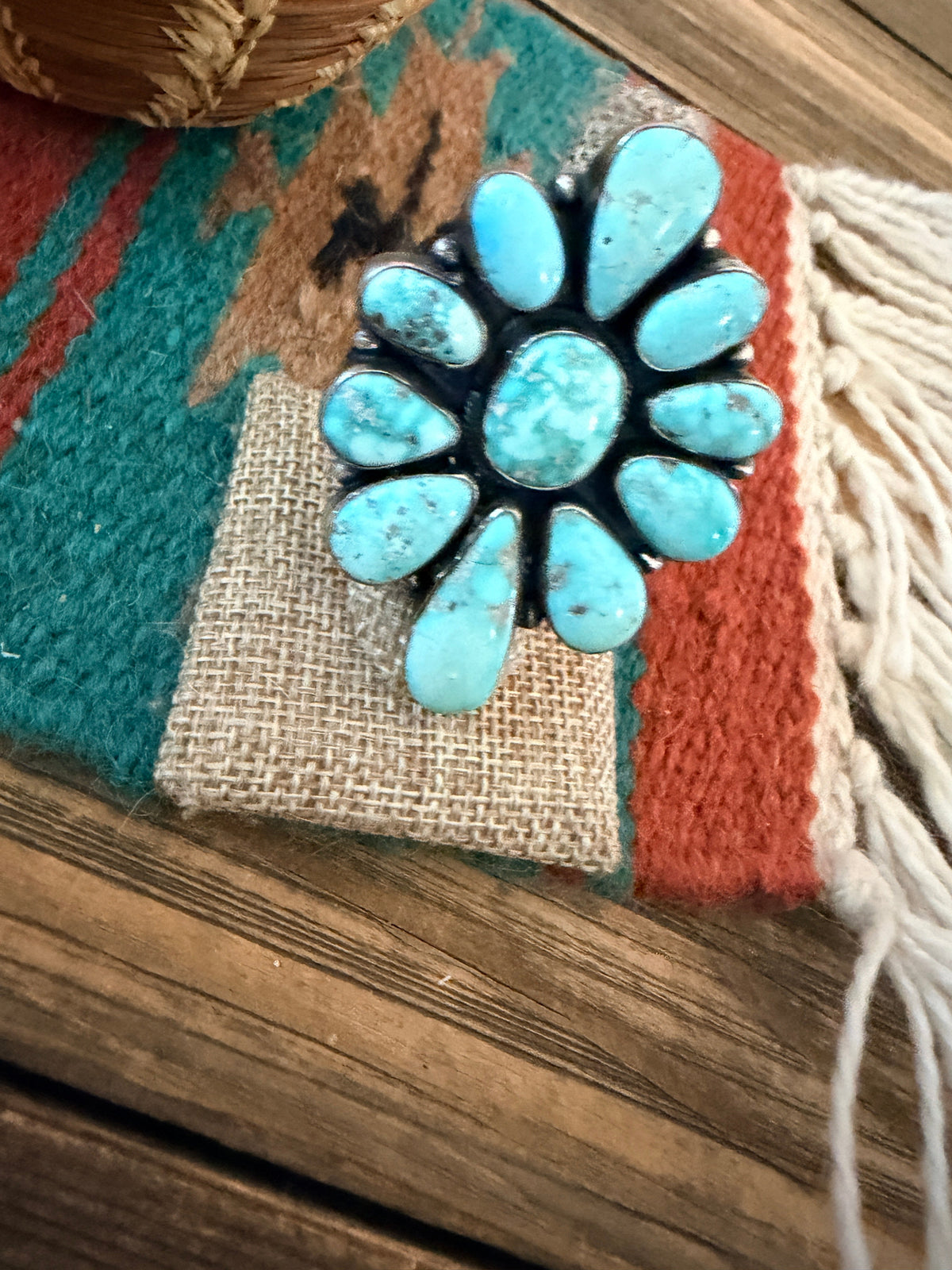 Handcrafted Kingman Turquoise & Sterling Silver Cluster Ring Size 8.5 by Sheila Becenti
