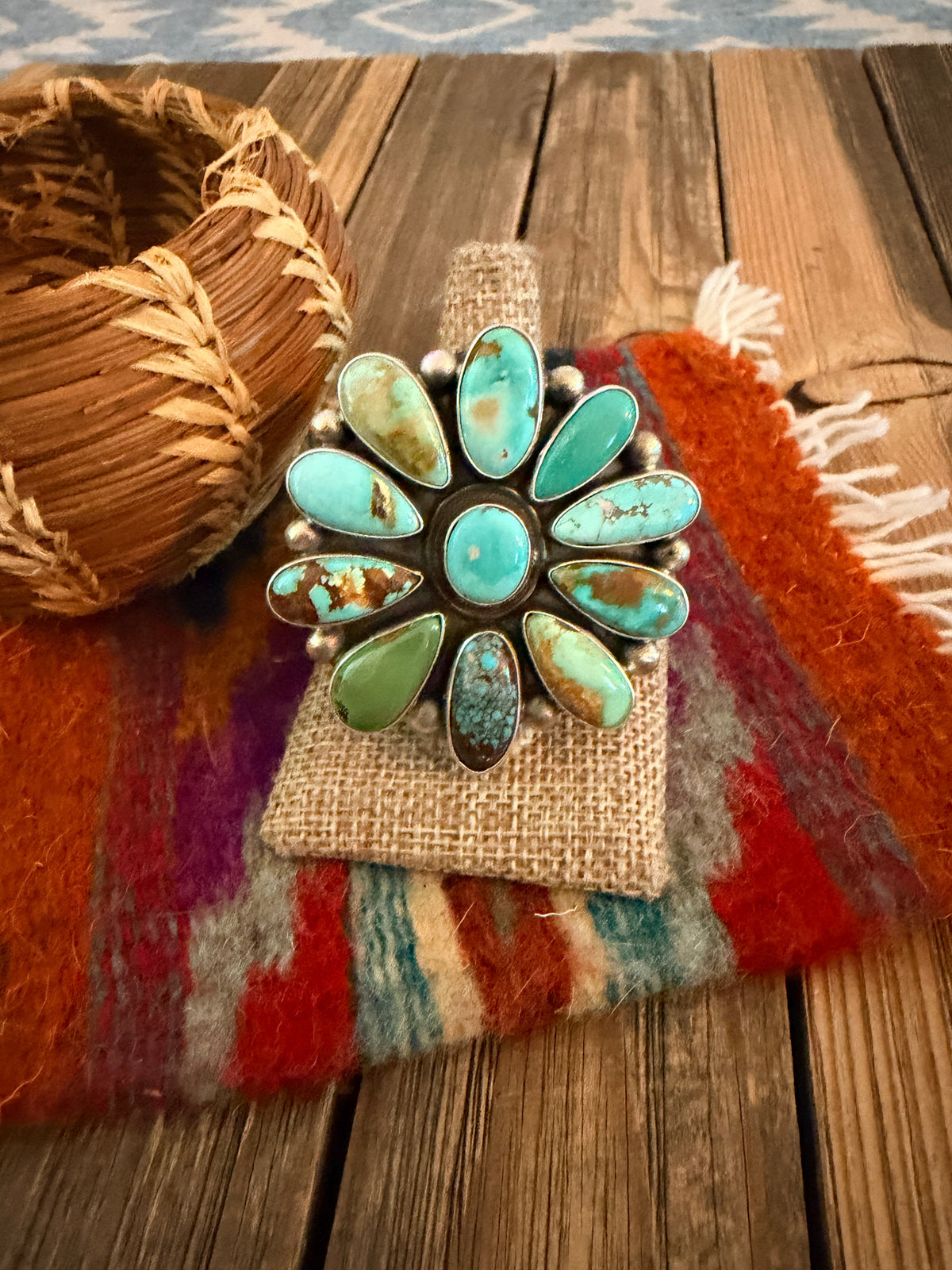Handcrafted Multi Turquoise & Sterling Silver Cluster Ring Size 9 by Kathleen Livingston