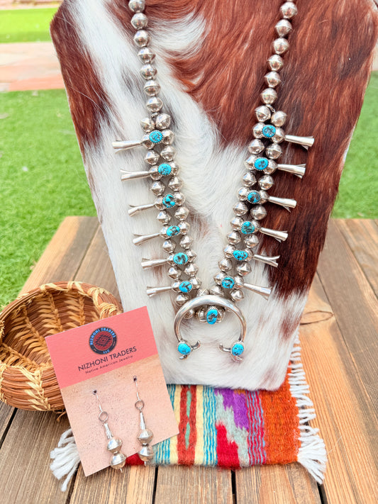 Handcrafted Sterling Silver & Kingman Turquoise Squash Blossom Necklace Set