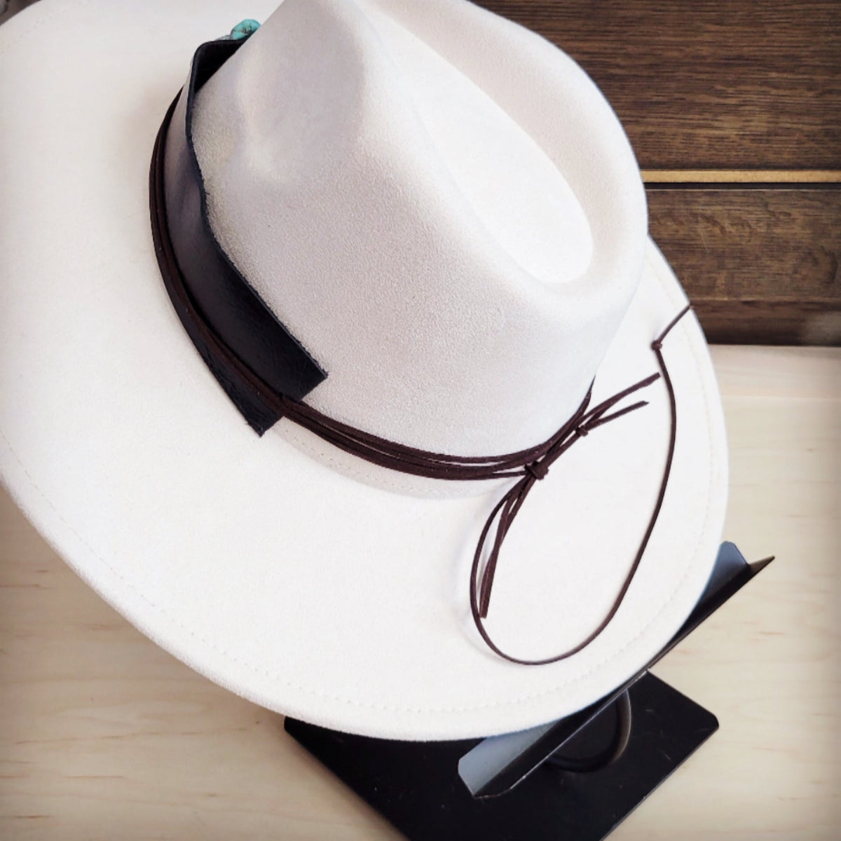 Wide Genuine Leather Black Hat Band w/ Turq 953s