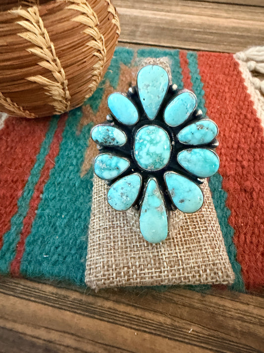 Handcrafted Kingman Turquoise & Sterling Silver Cluster Ring Size 8.5 by Sheila Becenti