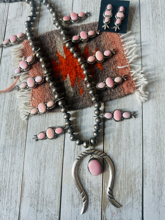 Handcrafted Sterling Silver & Queen Pink Conch Squash Blossom Necklace Set
