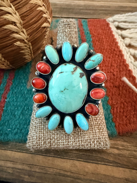 Handcrafted Spiny Oyster, Turquoise & Sterling Silver Cluster Ring by Sheila Becenti Size 11