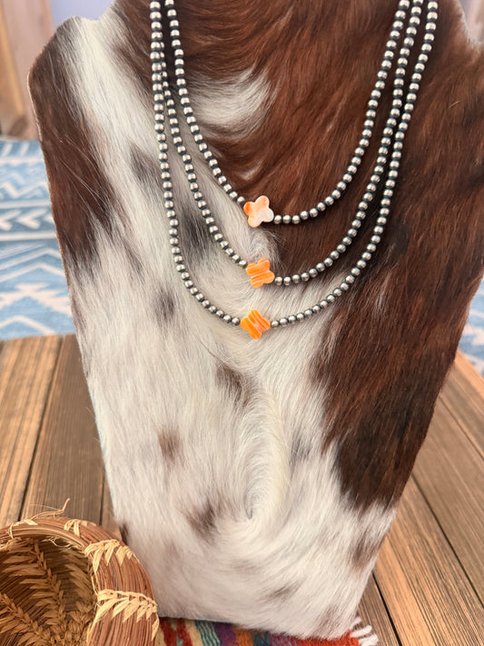 Handcrafted Orange Spiny and Sterling Silver Pearl Quatrefoil Beaded Necklace