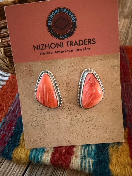 Handcrafted Orange Spiny & Sterling Silver Post Earrings