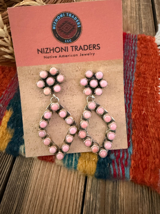 Handcrafted Queen Pink Conch & Sterling Silver Cluster Dangle Earrings