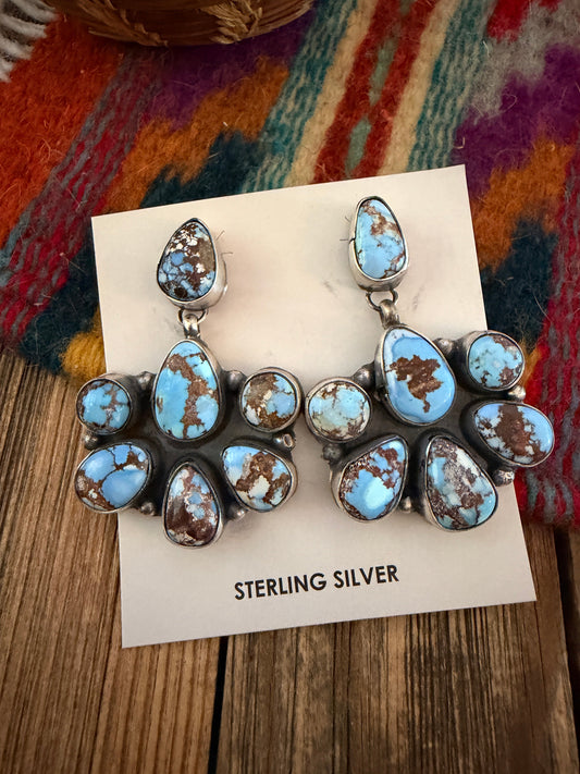 Handcrafted Golden Hills Turquoise & Sterling Silver Cluster Dangle Earrings