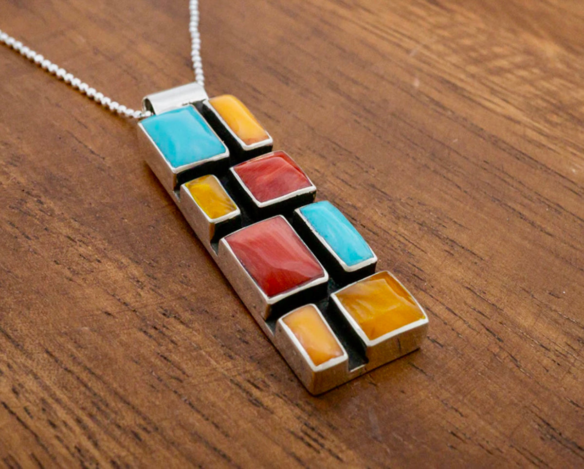 Multistone Slim Mosaic Sterling Silver Pendant Necklace