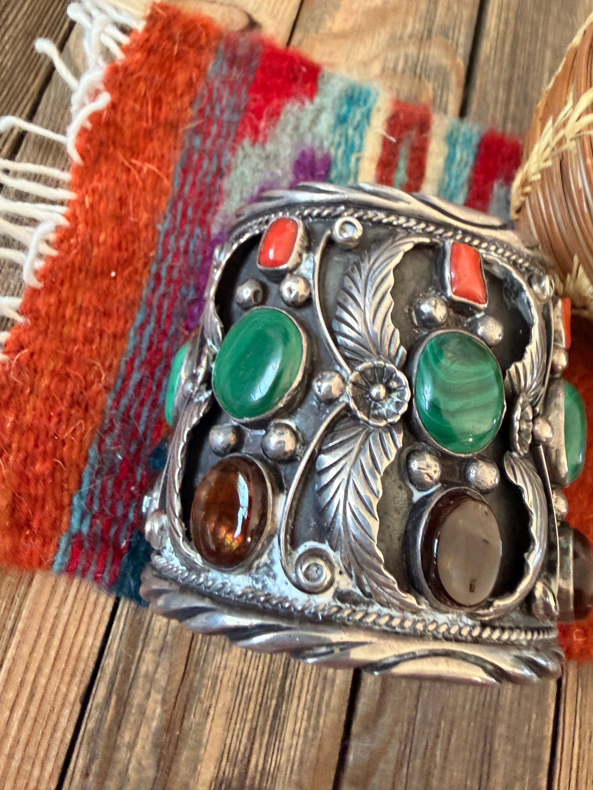 Handcrafted Old Pawn Sterling Silver & Multi Stone Cuff Bracelet