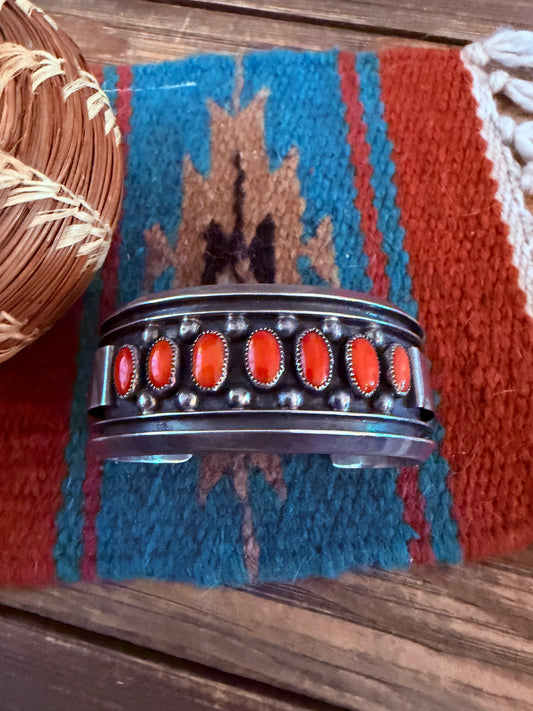Handcrafted Old Pawn Sterling Silver & Coral Cuff Bracelet