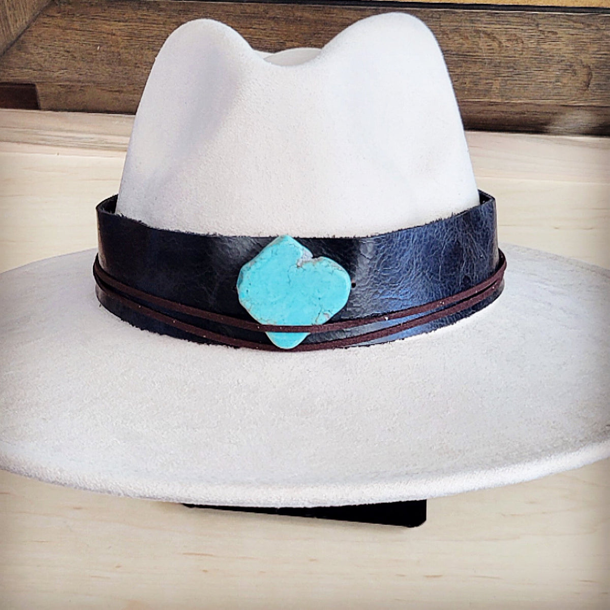 Wide Genuine Leather Black Hat Band w/ Turq 953s