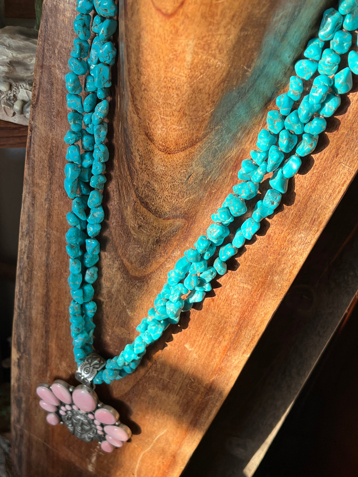 Handcrafted Sterling Silver Pink Conch Chief and Triple Strand Turquoise Nugget Bead Necklace by Patrick Yazzie
