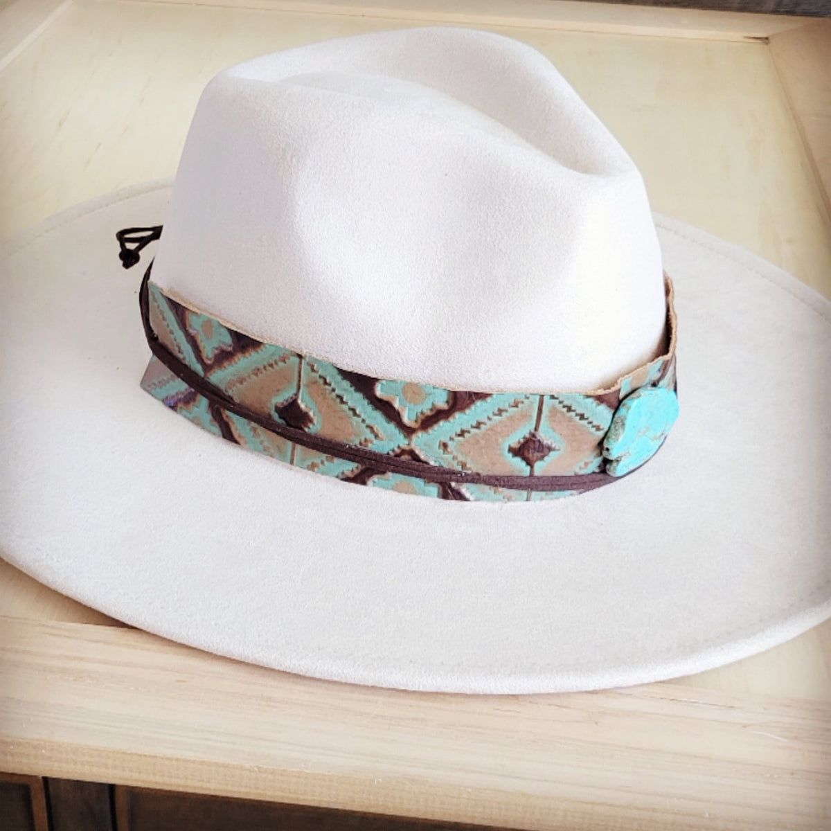 **Wide Genuine Leather Turquoise Navajo Hat Band w/ Turq 953i