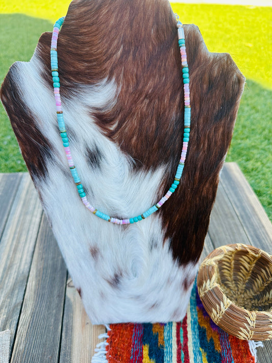 Handcrafted Queen Pink Conch, Turquoise & Sterling Silver 18” Beaded Necklace