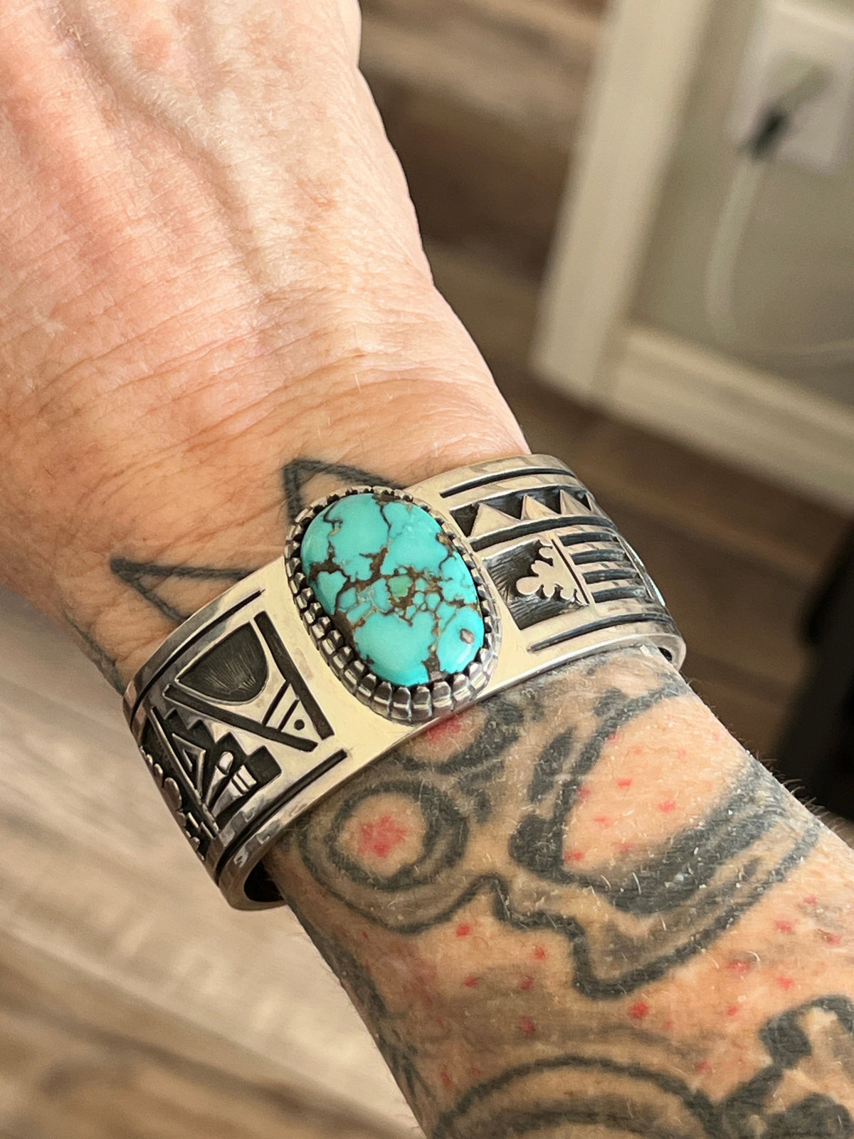 Handcrafted Timmy Earl Yazzie Kilt Design Sterling and Turquoise Cuff