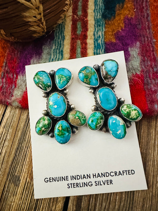 Handcrafted Sonoran Mountain Turquoise & Sterling Silver Cluster Stud Post Earrings by Debra Smith