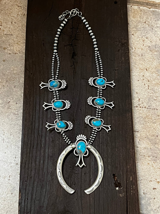 Handmade Sterling Silver & Kingman Turquoise Beaded Squash Blossom Naja Necklace