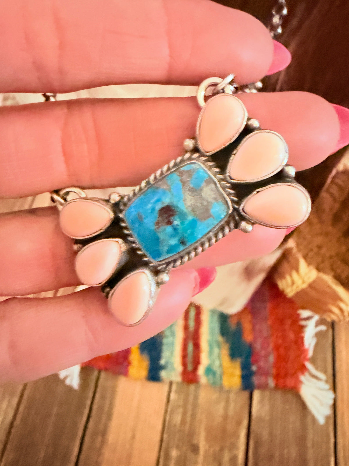 Handcrafted Queen Pink Conch, Turquoise & Sterling Silver Necklace