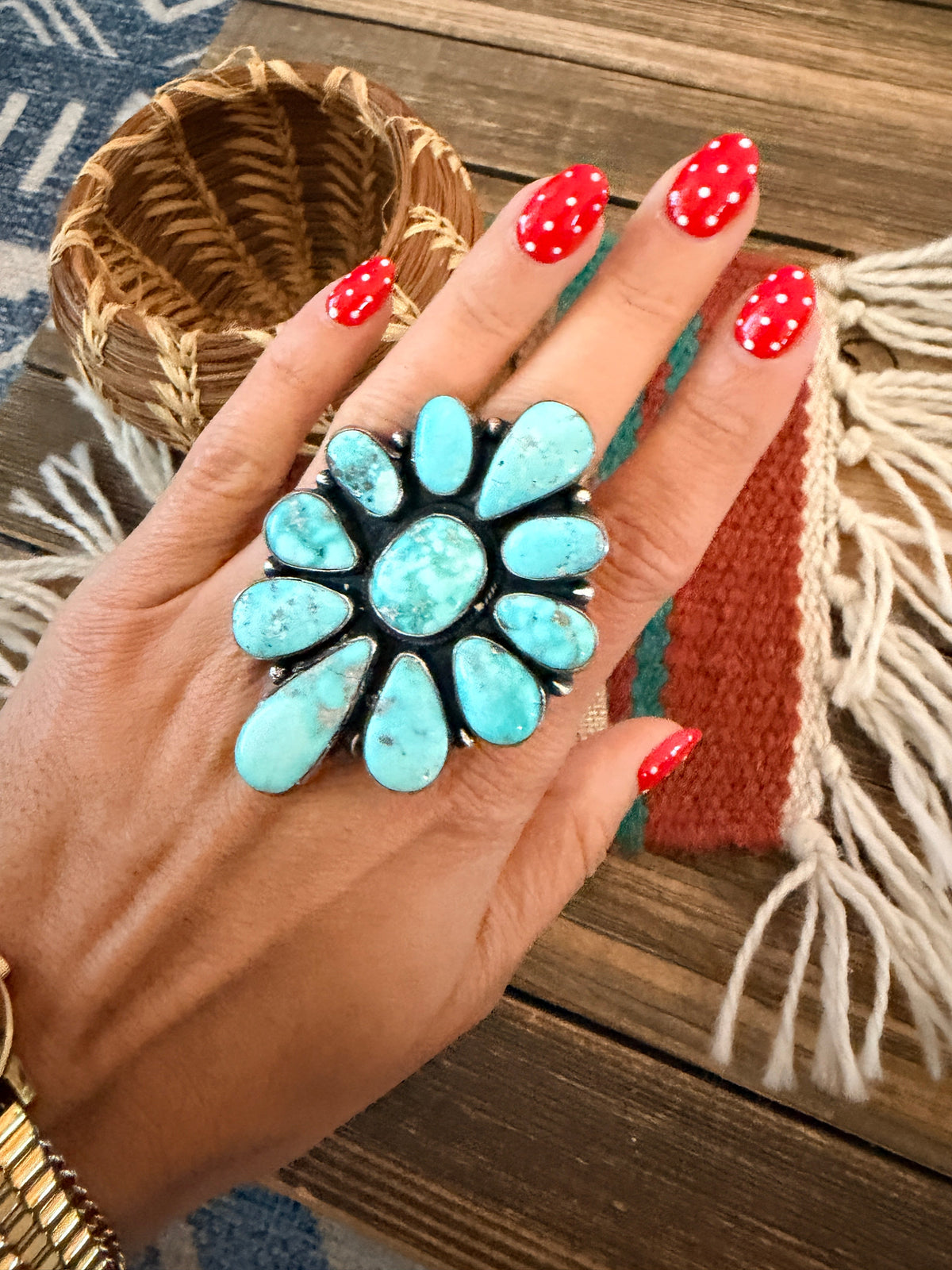 Handcrafted Kingman Turquoise & Sterling Silver Cluster Ring Size 8.5 by Sheila Becenti