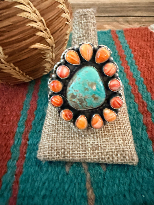 Handcrafted Spiny Oyster, Turquoise & Sterling Silver Cluster Ring by Sheila Becenti Size 10