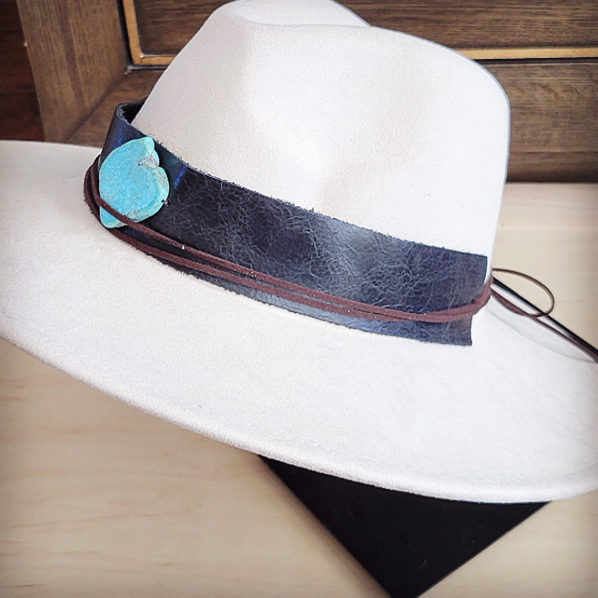 Wide Genuine Leather Black Hat Band w/ Turq 953s