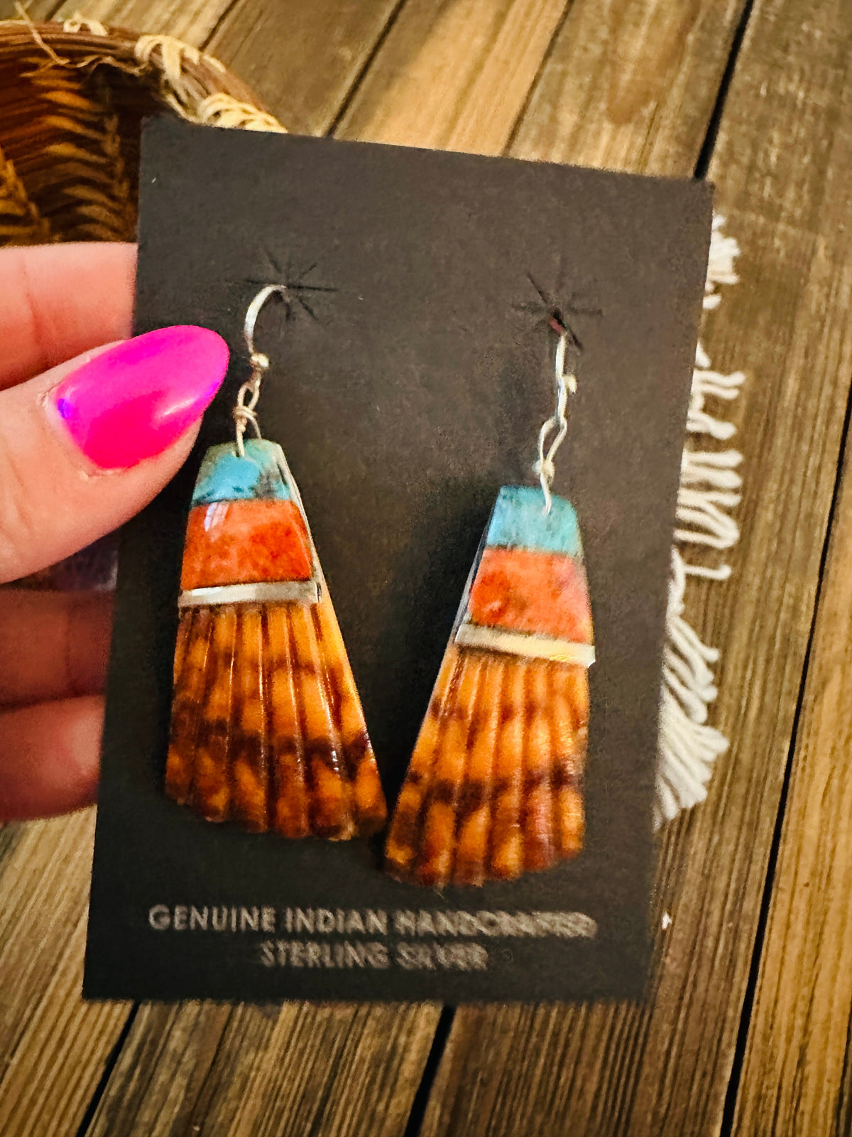 Handcrafted Multi Stone Inlay & Shell Dangle Earrings