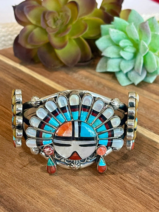 Handmade Sterling Silver & Multistone Sun Face Adjustable  Cuff Bracelet