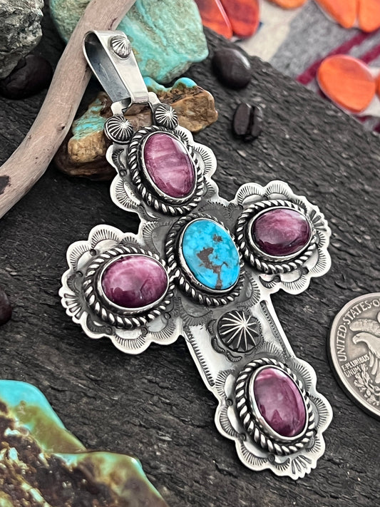Hand Stamped Sterling Silver, Kingman Turquoise & Purple Spiny Oyster Cross Pendant by Kimari Somers