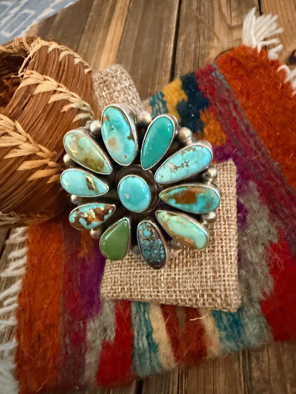 Handcrafted Multi Turquoise & Sterling Silver Cluster Ring Size 9 by Kathleen Livingston