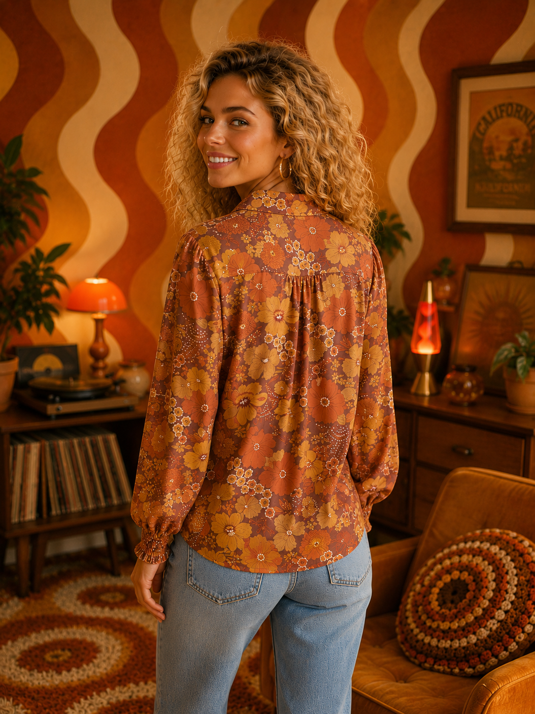 All The Leaves Are Brown Retro Floral Button Up Mesh Blouse