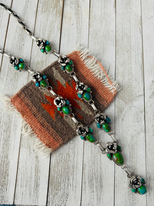 Handcrafted Sterling Silver & Sonoran Gold Turquoise Flower Necklace by Chris Etsitty