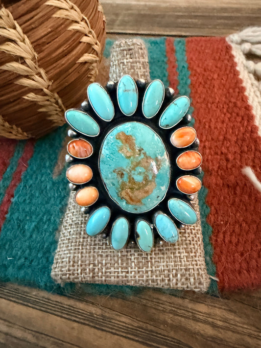 Handcrafted Spiny Oyster, Turquoise & Sterling Silver Cluster Ring by Sheila Becenti Size 10