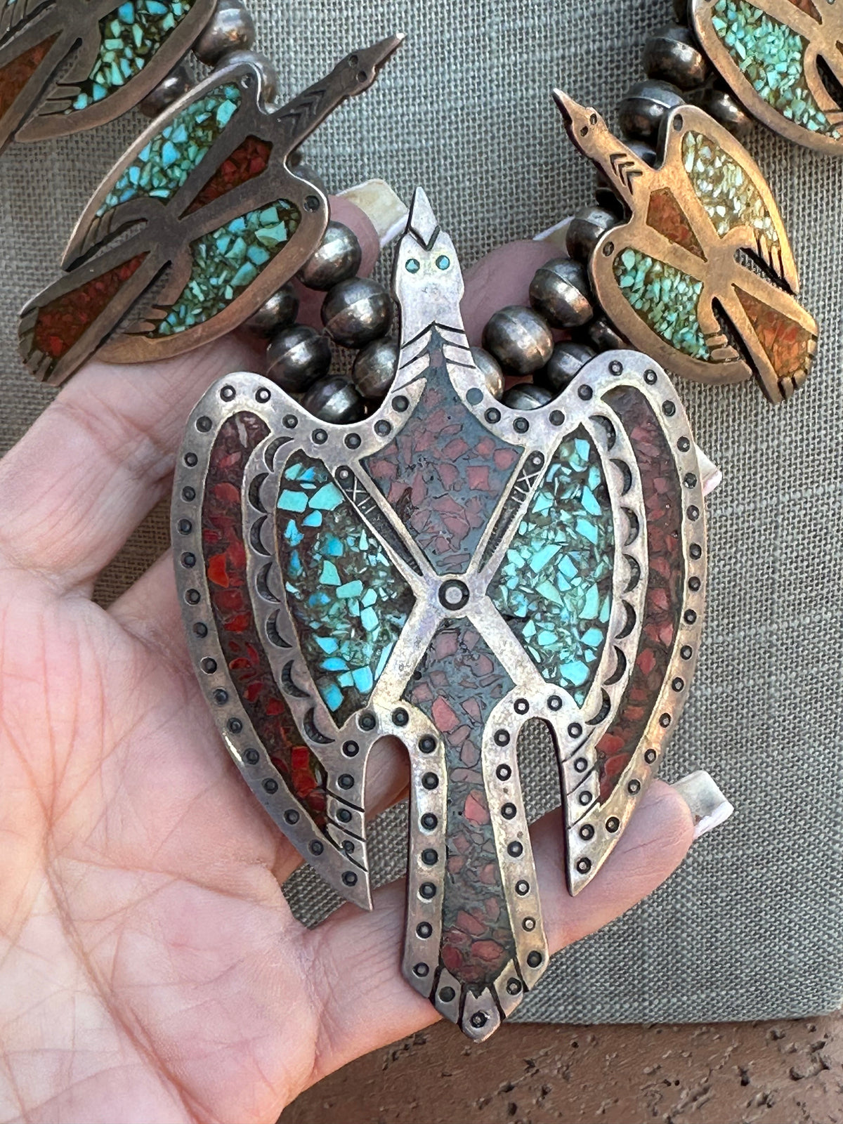 Estate Collection Old Pawn Handcrafted Turquoise & Coral Sterling Silver Chip Inlay Thunderbird Squash Blossom Necklace