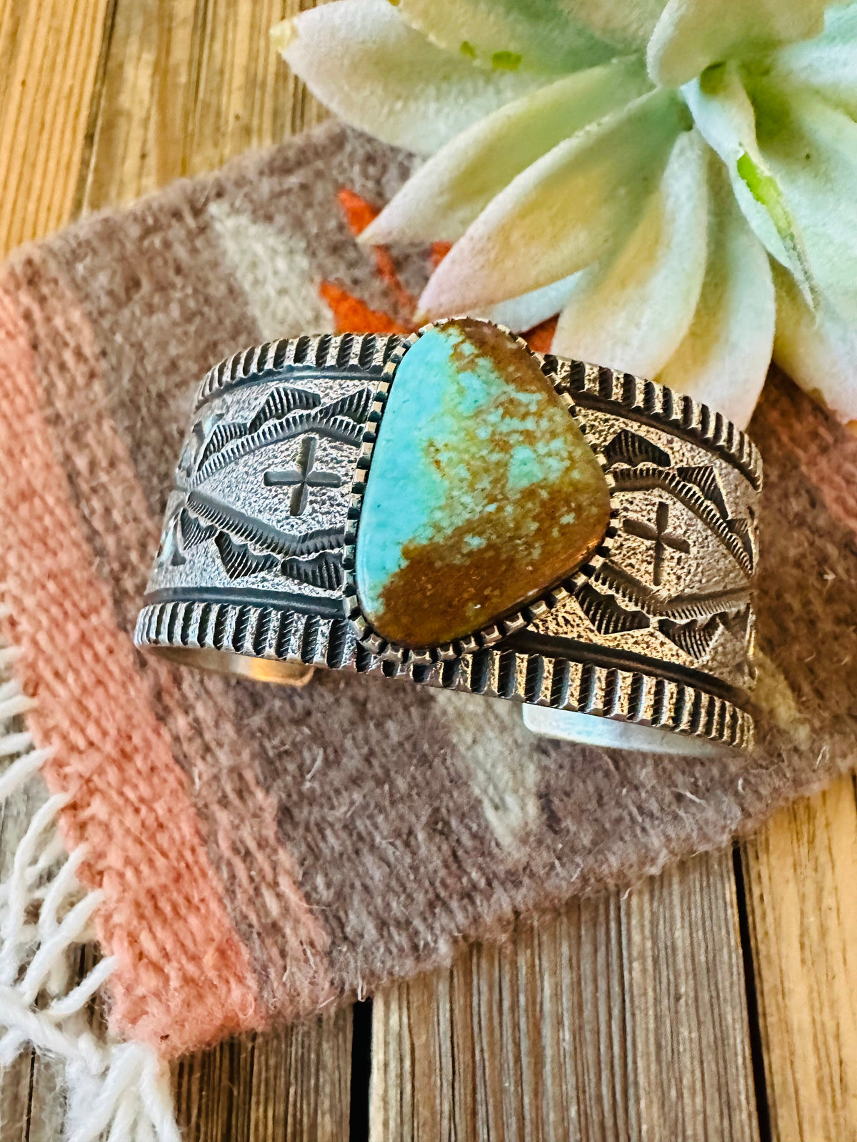 Handcrafted Royston Turquoise & Sterling Silver Tufa Cast Cuff Bracelet Signed