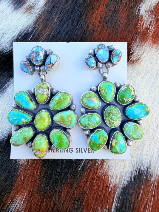 Handcrafted Multi Turquoise & Sterling Silver Cluster Dangle Earrings