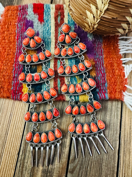 Handcrafted Orange Spiny Oyster & Sterling Silver Chandelier Dangle Earrings by Charles Johnson