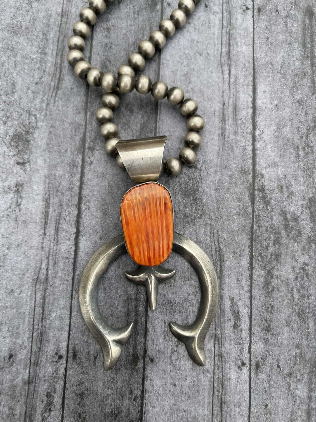 Handcrafted Chimney Butte Orange Spiny & Sterling Silver Naja Pendant Signed