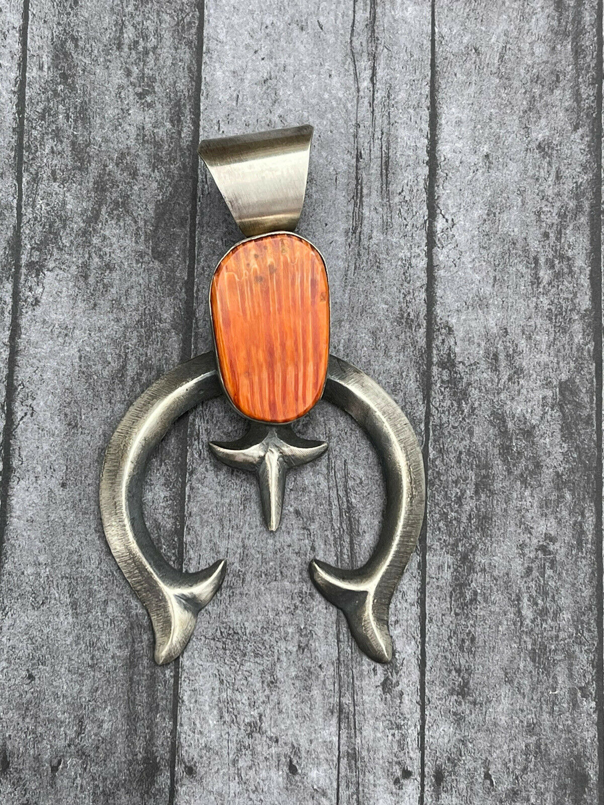 Handcrafted Chimney Butte Orange Spiny & Sterling Silver Naja Pendant Signed