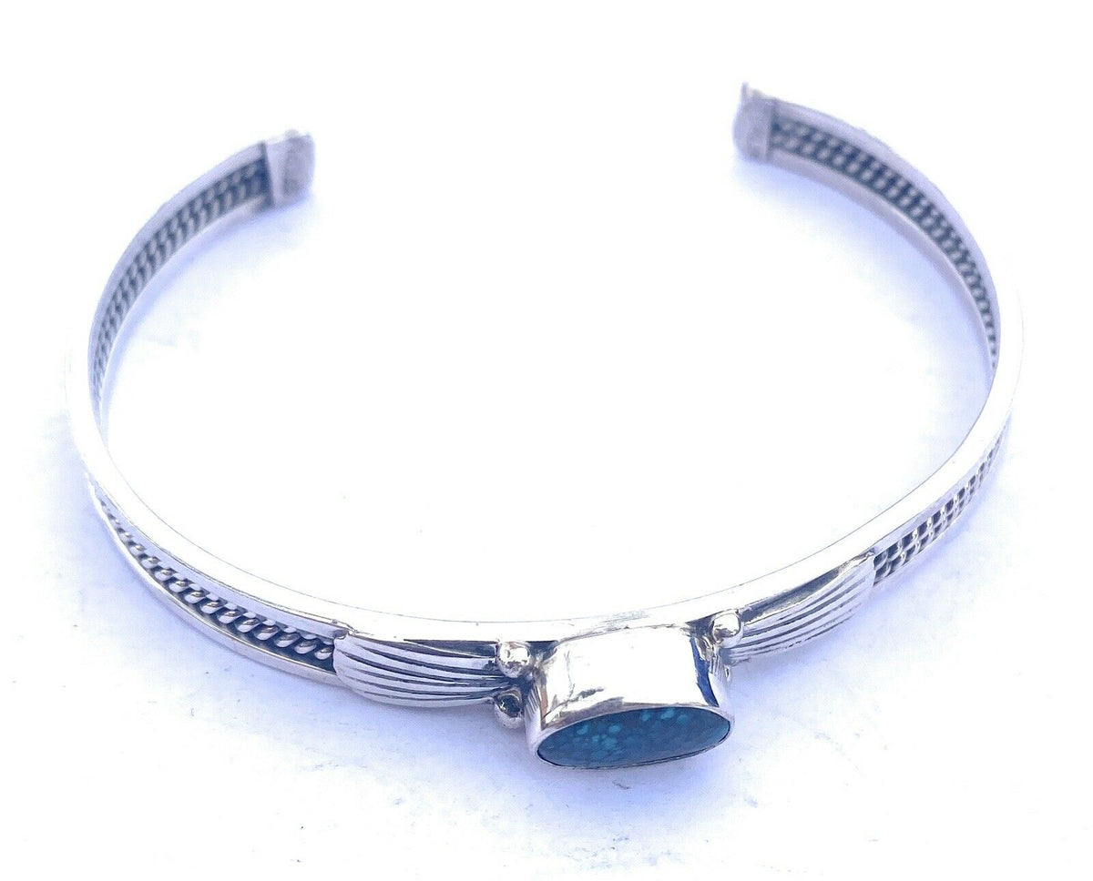 Handcrafted Sterling Silver & Royston Turquoise Stacker Cuff Bracelet Signed