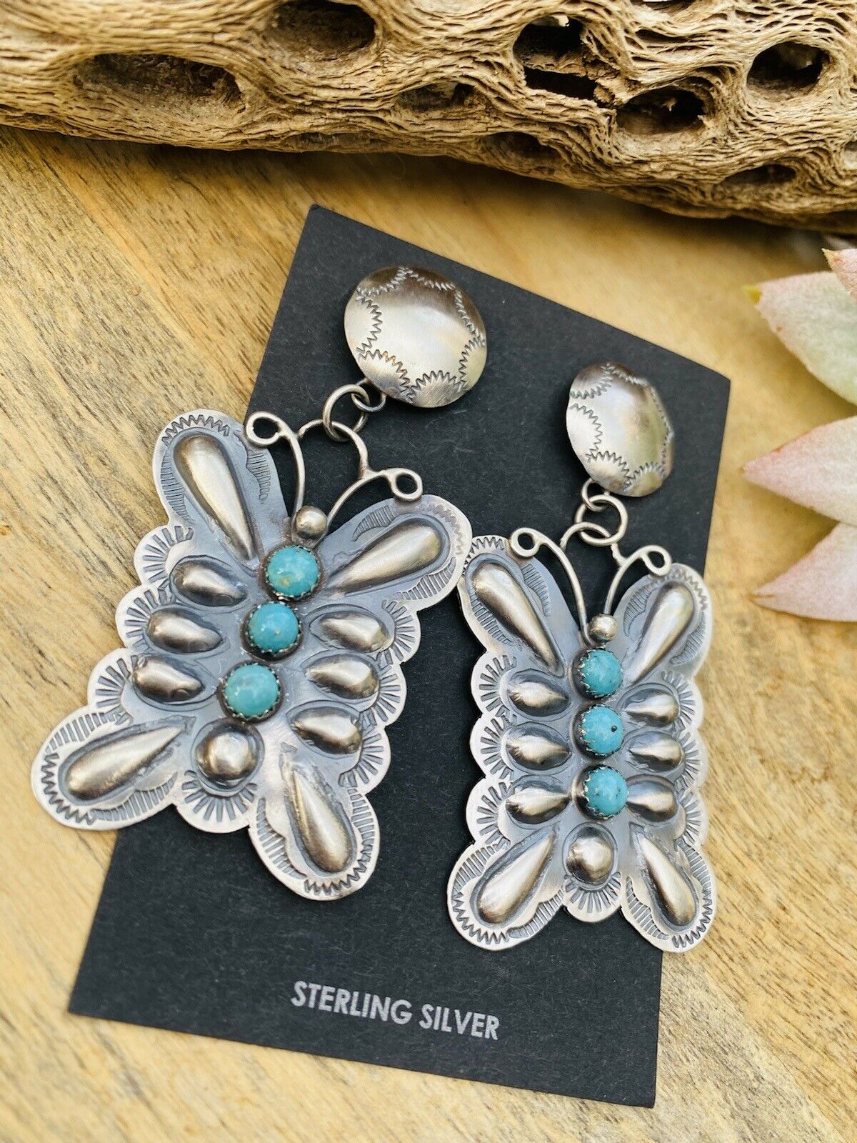 Handcrafted Turquoise & Sterling Silver Butterfly Dangle Earrings By Tim Yazzie