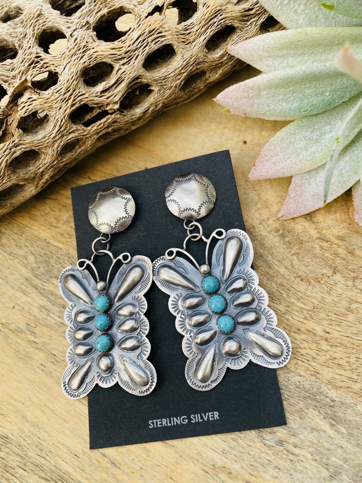 Handcrafted Turquoise & Sterling Silver Butterfly Dangle Earrings By Tim Yazzie