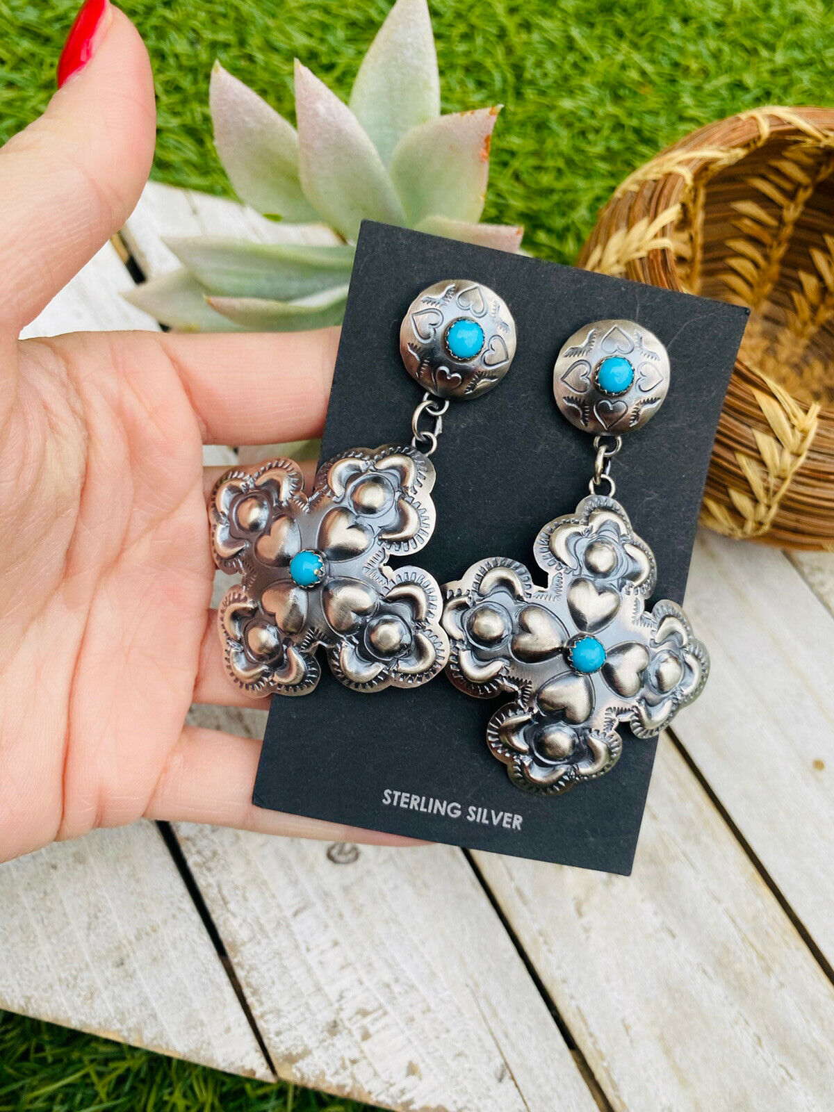 Handcrafted Turquoise & Sterling Silver Concho Cross Dangle Earrings By Tim Yazzie