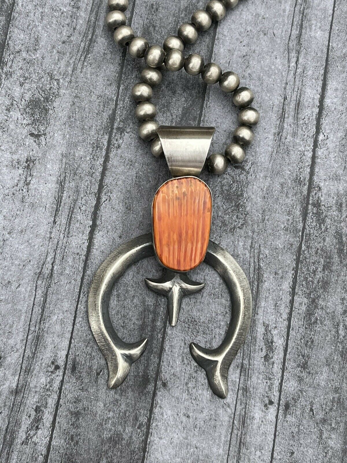 Handcrafted Chimney Butte Orange Spiny & Sterling Silver Naja Pendant Signed