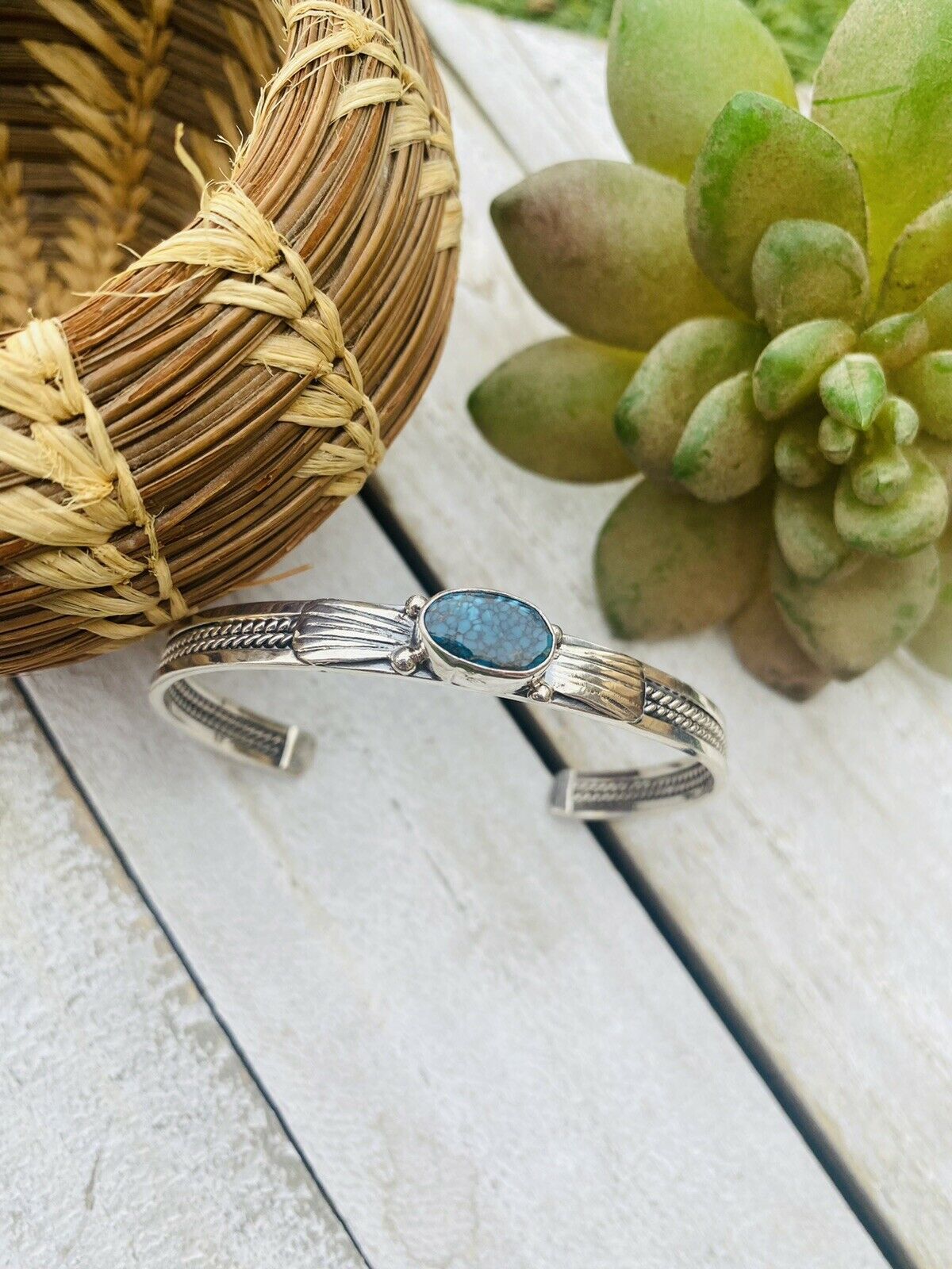 Handcrafted Sterling Silver & Royston Turquoise Stacker Cuff Bracelet Signed