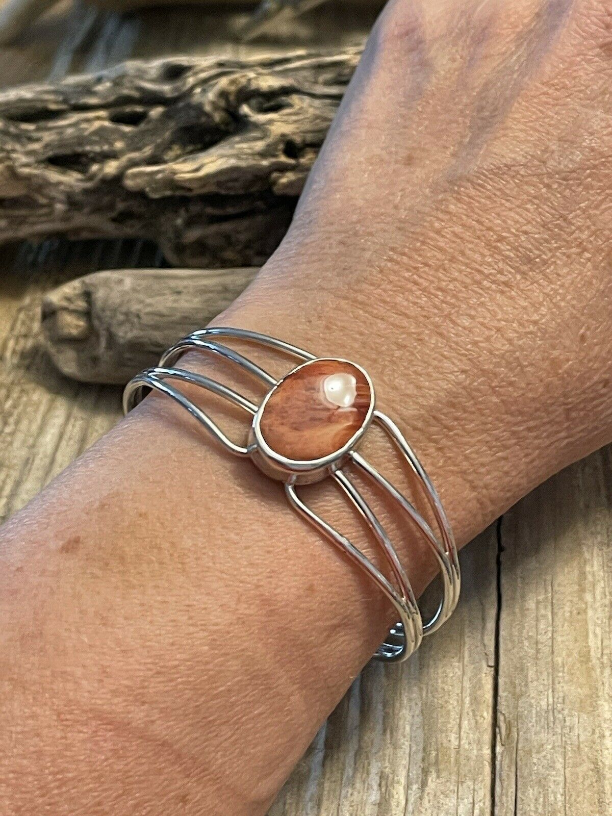 Handcrafted Orange Spiny Sterling Silver Bracelet Loop Cuff Stamped Begay