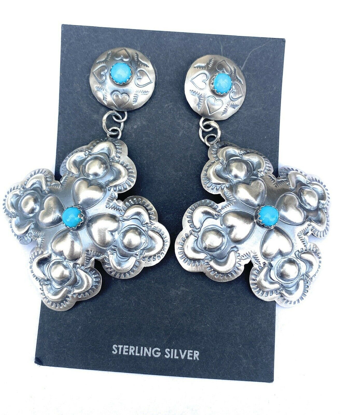 Handcrafted Turquoise & Sterling Silver Concho Cross Dangle Earrings By Tim Yazzie